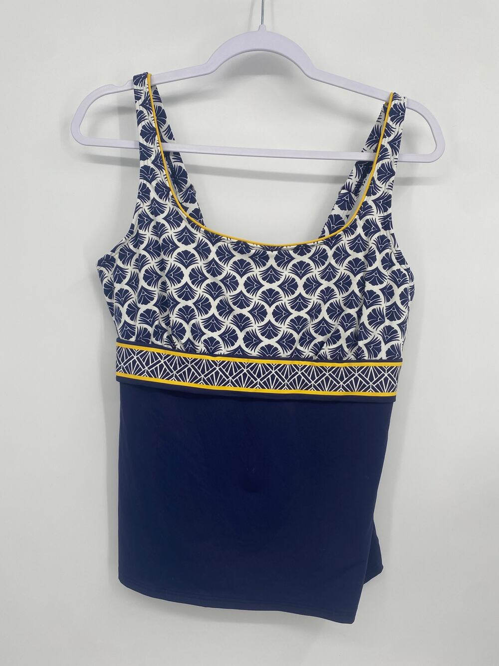 Lands' End Womens Square Neck Tankini Navy Yellow Underwire Swim Tank 12DD
